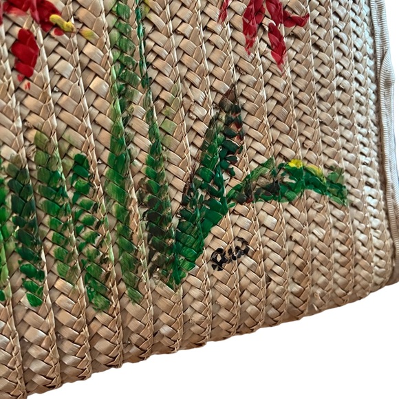 Vintage 70s double sided art straw handbag hand painted floral pastel - Picture 6 of 16